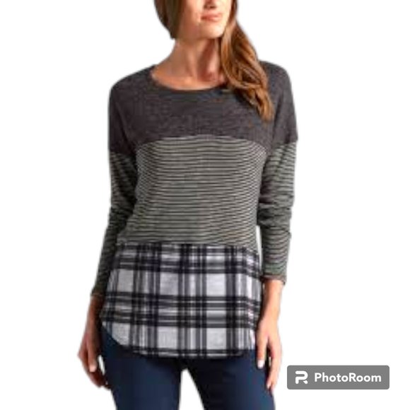 Truself long sleeve Multi Media Oversized Tunic stripes, plaid and lace sz L - Picture 1 of 8